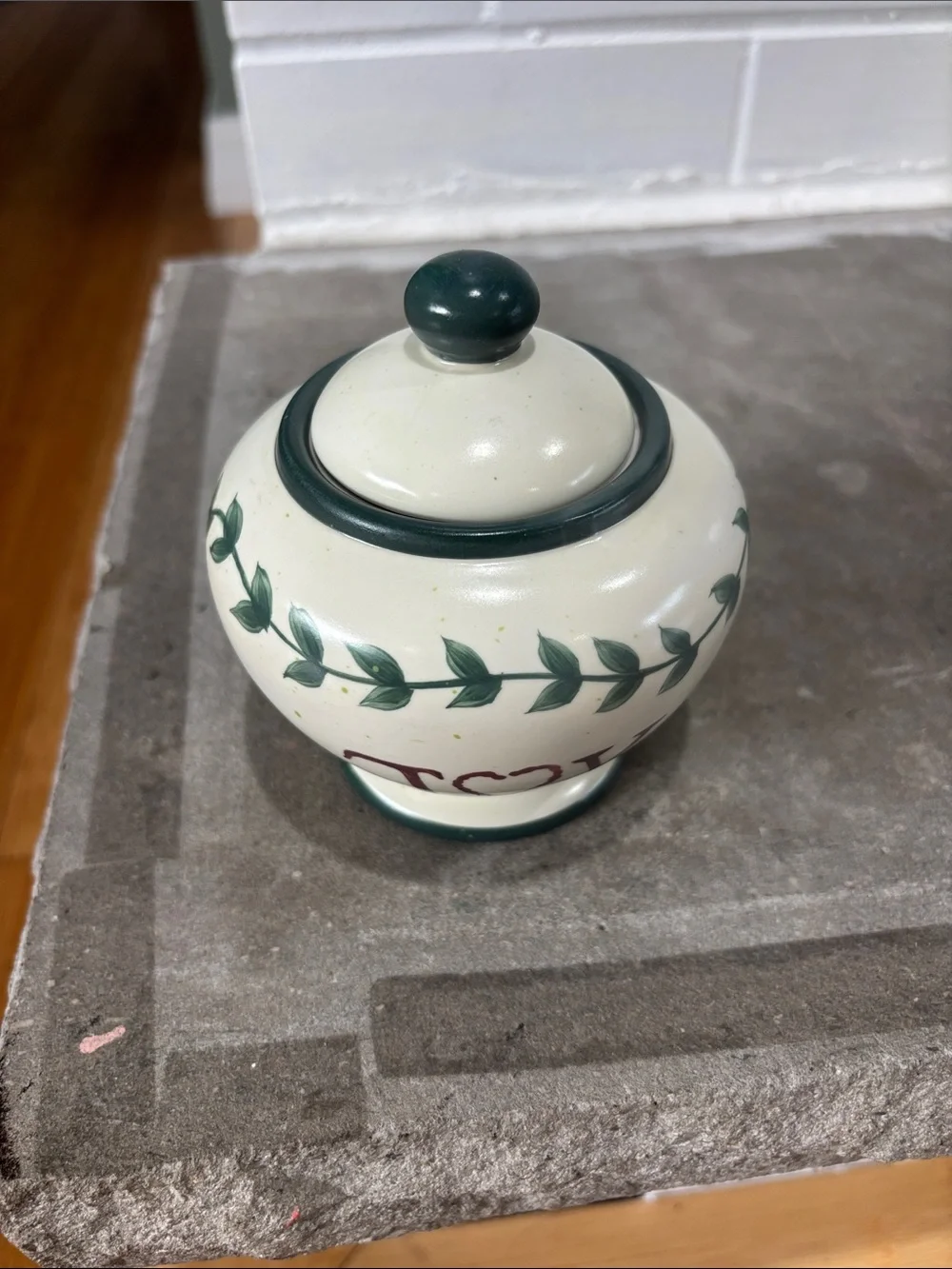 Cream Ceramic Joy Jar with Green Leaf Trim